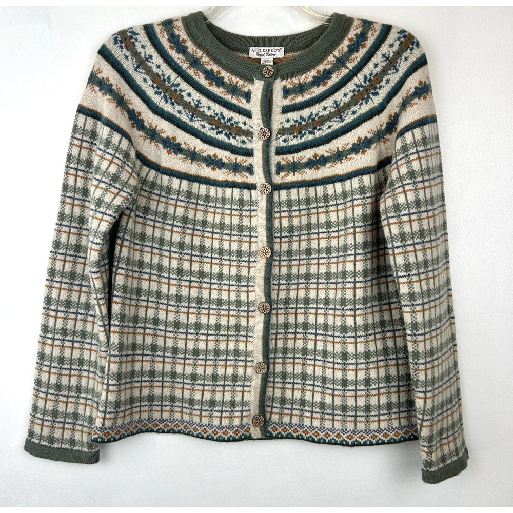Fair Isle Cardigan Womens Medium Petite Green Wool Preppy Grandma Cottage 90s